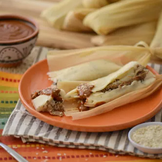 Shredded Beef Tamales with Mole Sauce