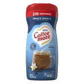 A blue canister of Coffee mate French Vanilla Powder with a red cap above a mug of coffee and vanilla beans.