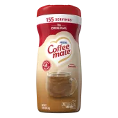 A canister of Coffee mate Original Powder with a red cap and red label above a mug of coffee with biscotti.