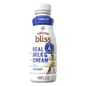 A white bottle of natural bliss Vanilla Creamer with a blue label above vanilla beans and the product name.