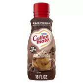 A brown bottle of Café Mocha creamer with a coffee mug and chocolate chunks under the Coffee mate logo.