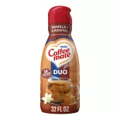 A red bottle of Vanilla Caramel creamer with a coffee mug and melted caramel under the Coffee mate logo.