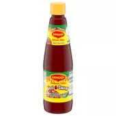 Bottle of Hot and Sweet Tomato Chili Sauce with a bright yellow and green label with tomatoes and hot peppers.