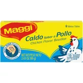 Front view of packaging for MAGGI Chicken Bouillon 6 Hard Tablets with an illustrated chicken on dark blue and yellow label.