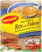 Foto con vista del frente de un paquete de mezcla de Sopa de res con fideos MAGGI con una cuchara en un tazón de sopa de res con fideos encima de una etiqueta amarilla brillante con carne de res a término medio y cortada con cebollas y tomates debajo de la etiqueta amarilla.