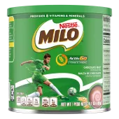A green container with a green lid and a young boy in a jersey kicking a soccer ball below the product name and benefits.