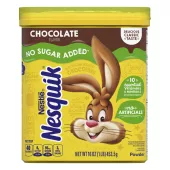 A yellow container with the Nesquik bunny, a green “NO ADDED SUGAR” label, and a glass of chocolate milk.