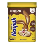 A yellow container with the Nesquik bunny, a brown label, and a glass of chocolate milk.