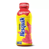 A yellow bottle with a red cap and a red silhouette of the Nesquik bunny’s head.