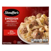 Box of Swedish Meatballs with a pasta and meatballs below the product name and STOUFFER'S logo.