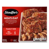 Box of Meatloaf with a dish and plate full of meatloaf and gravy beside the product name, logo and "FAMILY SIZE" label.