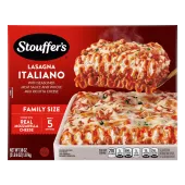 Box of Lasagna Italiano with a plate and dish full of lasagna below the product name and "Traditional Italian Recipes" label.