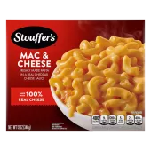 Box of Macaroni & Cheese with a bowl of mac & cheese on a table under the product name and "100% REAL CHEESE" label.