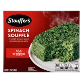 Box of Spinach Soufflé with a plate of spinach soufflé under the product name and STOUFFER'S logo.
