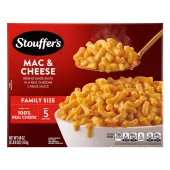 Box of Macaroni & Cheese with a plate and dish of mac & cheese on a table near the product name and "100% REAL CHEESE" label.
