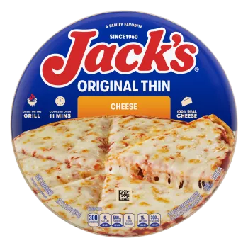 A package of cheese pizza with an orange label, a spatula lifting a pizza slice, and the Jack's logo on a blue background.