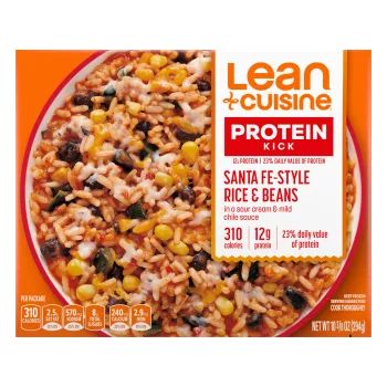 A box of Santa-Fe Style Rice and Beans with the Protein Kick label near a bowl of rice, beans, corn and sour cream.