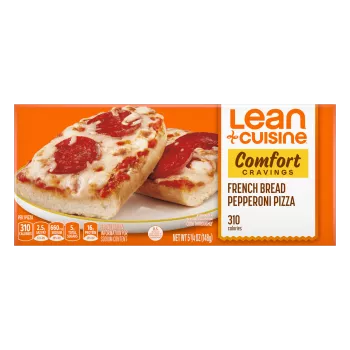 A box of French Bread Pepperoni Pizza with a favorites label near a plate of French bread pizza with pepperoni.