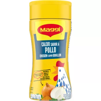 Foto con vista del frente de un paquete en forma de cilindro de caldo sabor a pollo granulado MAGGI PET de 15.9 onzas con una etiqueta amarilla brillante que muestra una ilustración de un pollo que lleva una cesta de productos lácteos en un campo.