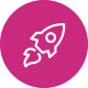 White vector illustration of a rocket blasting off in a purple circle.