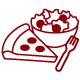 Red illustration of a slice of pepperoni pizza, a bowl of salad, and a fork.